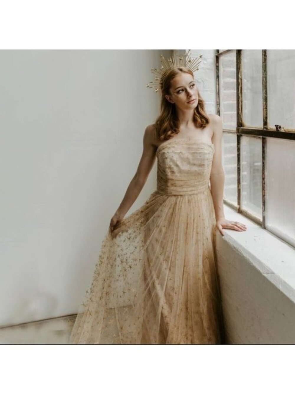 NWT BHLDN x Joanna August Brenda Star Strapless Midi Dress 8 Gold Bridal Tulle